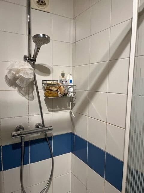Colonne de douche et mitigeur thermostatique posés sur un mur carrelé.